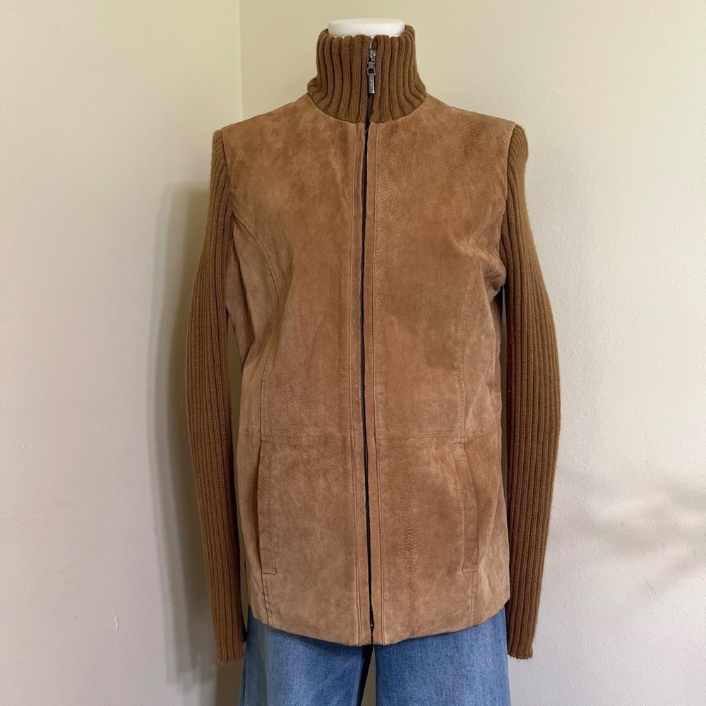 R Wear Rampage Leather Suede Knit Sleeve Full Zip Jacket Tan Camel Medium